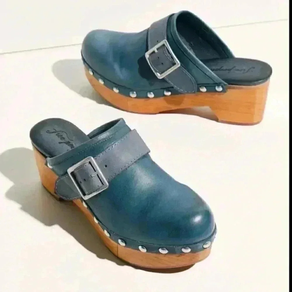 Free People Culver City Wooden Platform Clogs in Blue